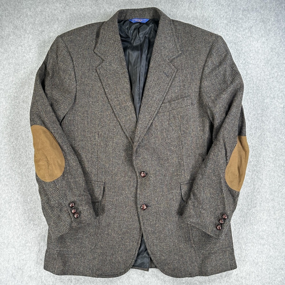 Pendleton Blazer Sport Coat Mens 44 Long Brown Wool Tweed Check Elbow Patch